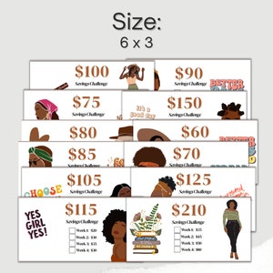 May include: A set of 12 printable savings challenge cards featuring different illustrations of Black women. Each card has a different savings goal amount, ranging from $60 to $210. The cards are designed to help people save money over a four-week period.