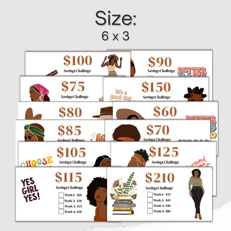 May include: A set of 12 printable savings challenge cards featuring different illustrations of Black women. Each card has a different savings goal amount, ranging from $60 to $210. The cards are designed to help people save money over a four-week period.
