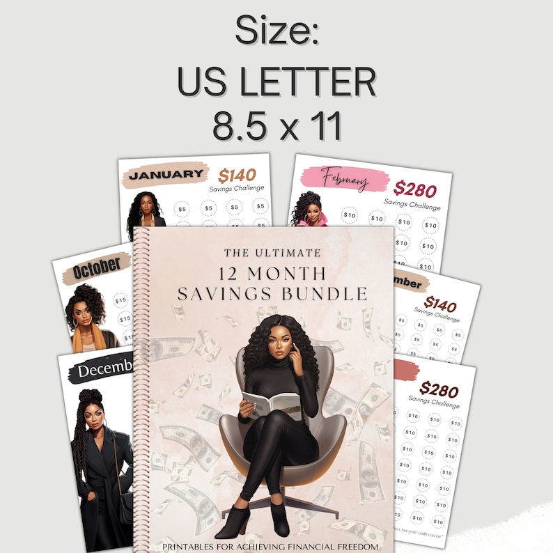 May include: A printable 12-month savings bundle with a black and white illustration of a woman sitting in a chair reading a book. The bundle includes printable pages for each month with a savings challenge goal. The text "The Ultimate 12 Month Savings Bundle" is at the top of the page. The text "Printables for Achieving Financial Freedom" is at the bottom of the page.