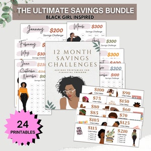 Ultimate Savings Challenge Bundle,Savings Challenge Printable, A6 Mini Savings Challenge Trackers, Money Saving Challenge,Black Girl Savings