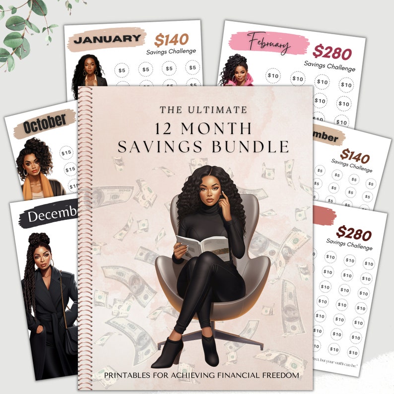 May include: A pink and white printable savings bundle with a black and white illustration of a woman sitting in a chair. The bundle includes 12 monthly savings challenges, with a total savings goal of $1,840. The text "The Ultimate 12 Month Savings Bundle" is printed on the cover. The text "Printables for Achieving Financial Freedom" is printed at the bottom of the cover.
