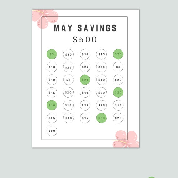 May Saving Challenge Printable, Savings Challenge, Money Challenge,  Vacation Savings, Spring Savings Challenge, 500 Savings Printable 