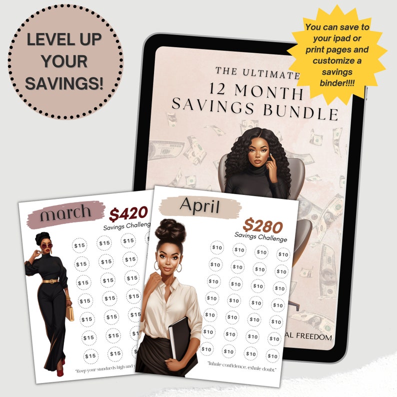 May include: A digital illustration of a woman with long black hair wearing a black blazer and white shirt. The image is a printable savings challenge for the month of March. The challenge is to save $420. The text "Keep your standards high and your expectations even higher" is at the bottom of the image.