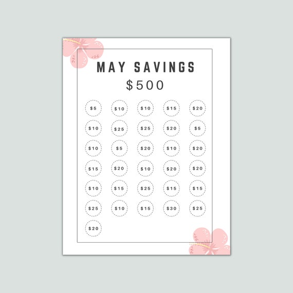 May Saving Challenge Printable, Savings Challenge, Money Challenge,  Vacation Savings, Spring Savings Challenge, 500 Savings Printable 