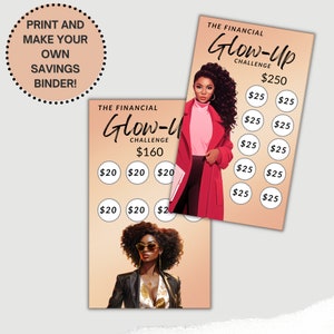 May include: Two printable financial challenge cards with a woman in a red coat and a woman in a black leather jacket. The cards have a peach background and the text "The Financial Glow-Up Challenge" with different dollar amounts on each card.