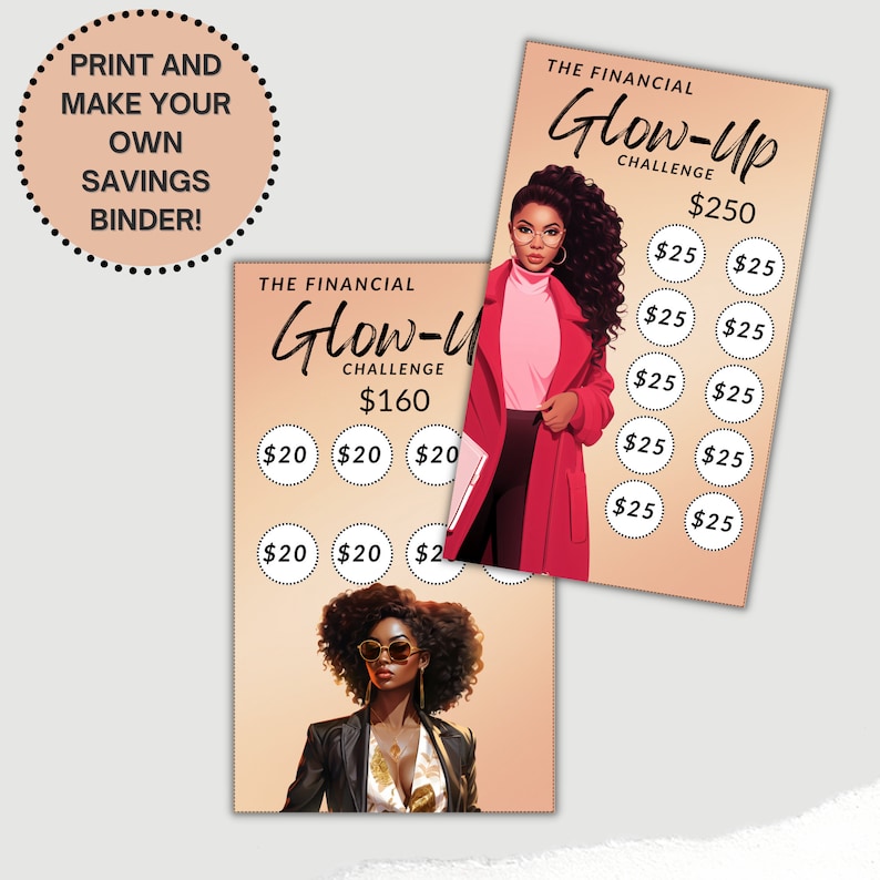 May include: Two printable financial challenge cards with a woman in a red coat and a woman in a black leather jacket. The cards have a peach background and the text "The Financial Glow-Up Challenge" with different dollar amounts on each card.