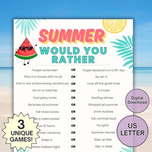 Juego de verano "¿Qué prefieres?" imprimible, para niños, familias y adolescentes / Descarga instantánea en PDF, Carta de EE. UU. / Actividad divertida para un viaje por carretera, Fiesta en la piscina