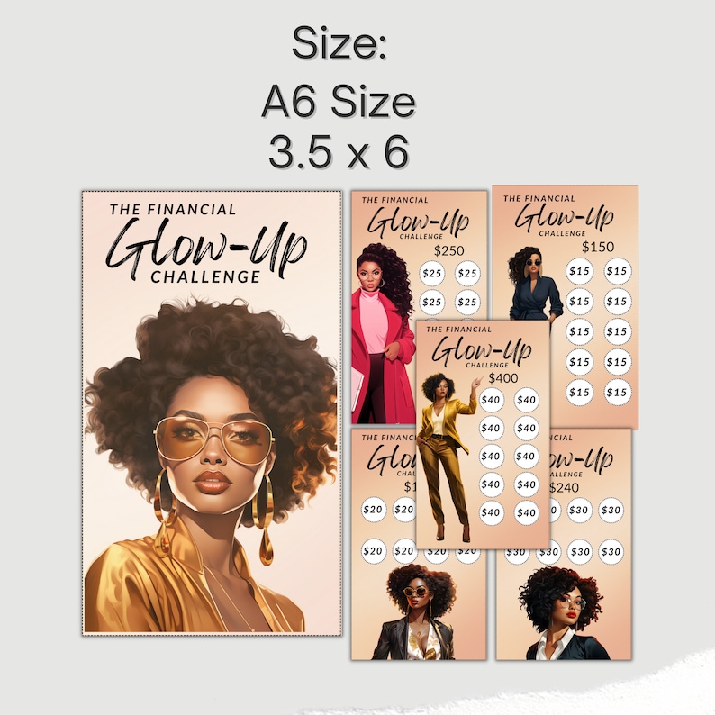 May include: A poster with a woman wearing sunglasses and a gold jacket. The poster is titled "The Financial Glow-Up Challenge". There are smaller posters with different amounts of money on them, such as $250, $150, and $400.