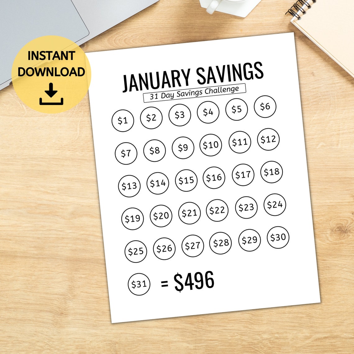 January Savings Challenge Printable, Savings, Savings Tracker, Money