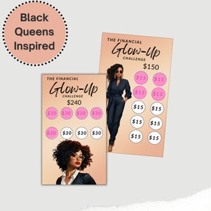 May include: Two pink and white cards with a black and white illustration of a woman with glasses. The cards have the text "The Financial Glow-Up Challenge" and list amounts of money in dollars. The card on the left has the text "$240" and the card on the right has the text "$150".