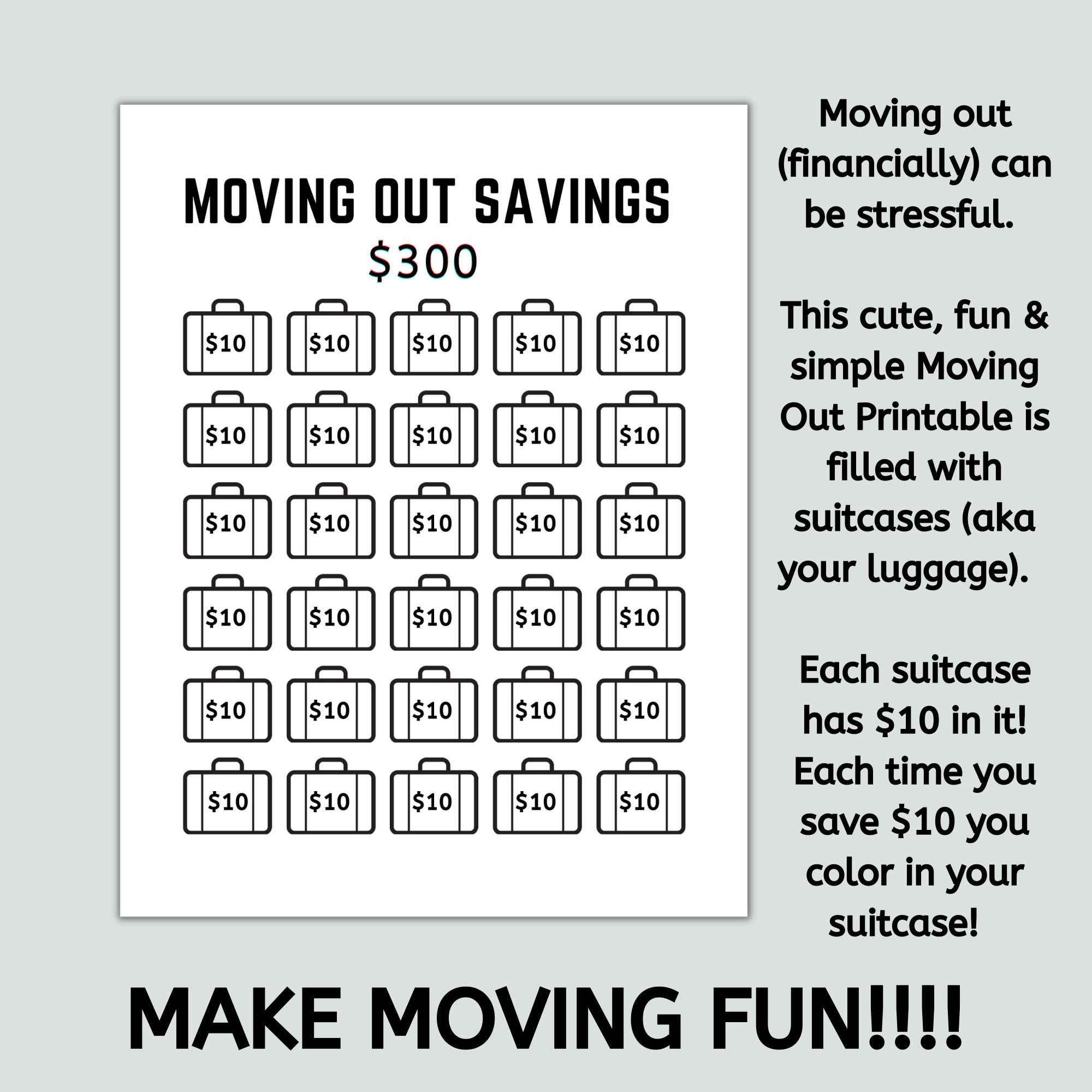 Moving Out Savings Challenge Printable, Moving Out, 300 Savings
