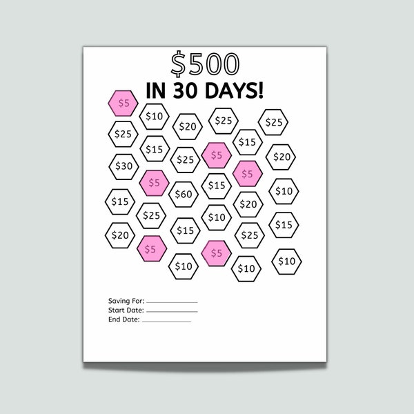 Money Saving Challenge Printable, Save 500 in 30 Days, Savings Challenge, Savings Tracker, Savings Planner