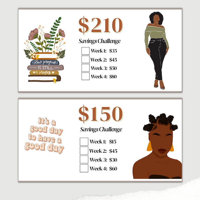 May include: Two printable cards with a savings challenge theme. The top card features a woman with brown skin and brown hair, wearing a green shirt and black jeans. The bottom card features a woman with brown skin and brown hair in a bun, wearing a gold earring. Both cards have a brown and orange color scheme and feature a checklist with dollar amounts for each week of the challenge.