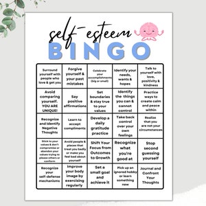 Self-Esteem Bingo, Therapist Bingo, Adult Self-Esteem, Mental Health Bingo, Wellness Bingo,Therapy Games,Winter Activities, Therapy Tools
