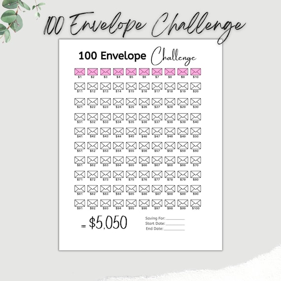 Printable 100 Envelope Challenge Savings Tracker 5,050 Dollars