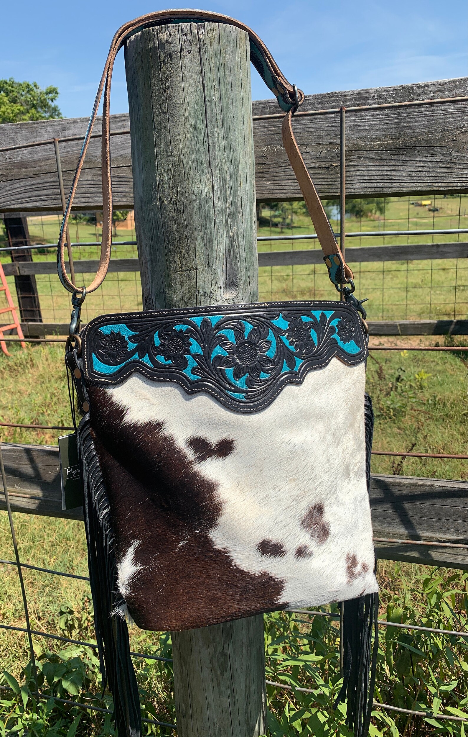 Myra Bag Genuine Handtooled Turquoise Fringe Leather Cowhide Etsy