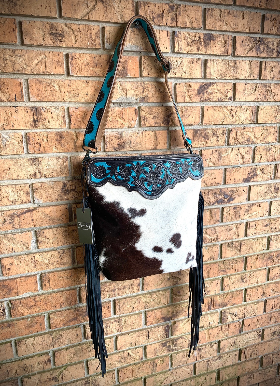 Myra Bag Genuine Handtooled Turquoise Fringe Leather Cowhide Etsy