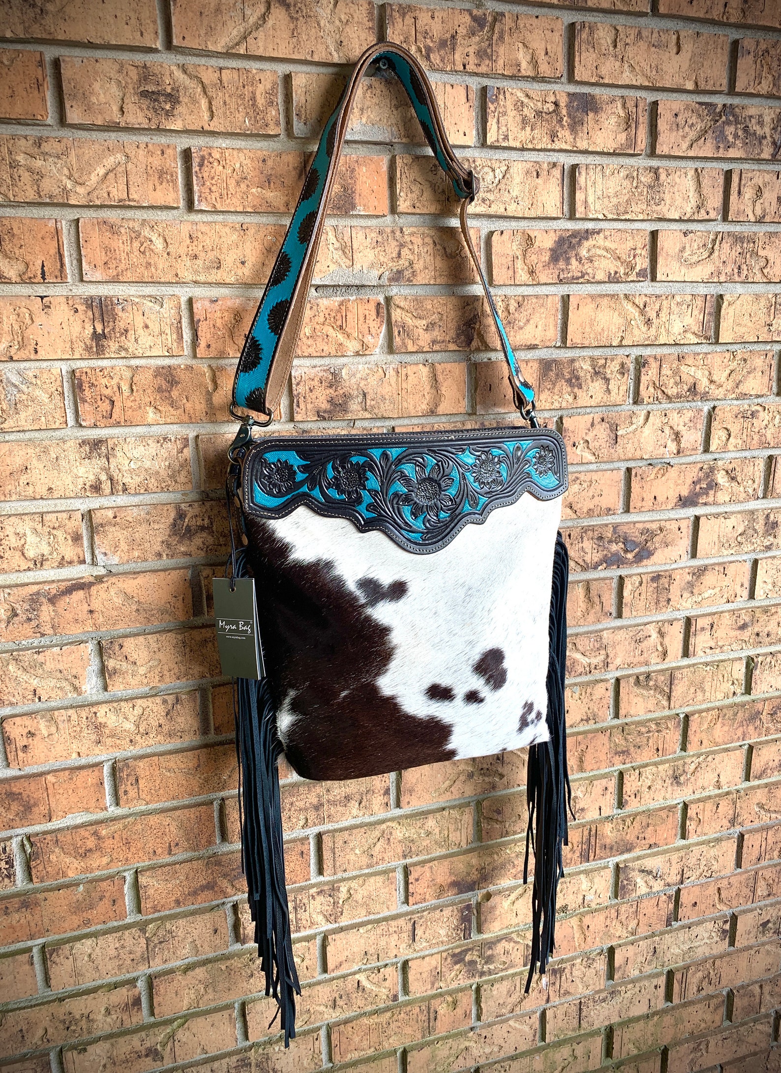 Myra Bag Genuine Handtooled Turquoise Fringe Leather Cowhide Etsy