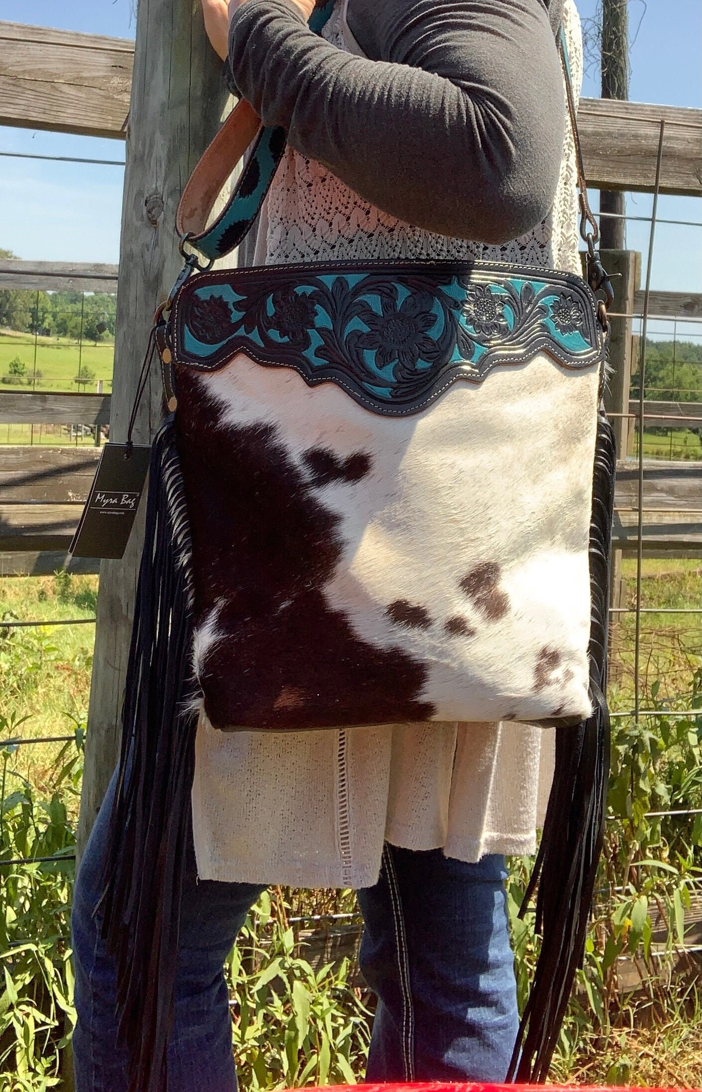 Myra Bag Genuine Handtooled Turquoise Fringe Leather Cowhide Etsy