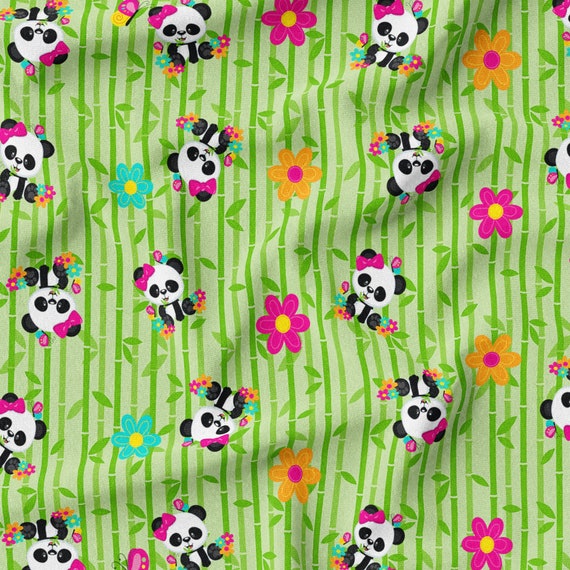 Cute Pandas Fabric by the Yard Panda Floral Fabric Animals Etsy