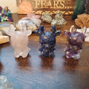 Resin Reindeer Amethyst, Lapis Lazuli,  and Rose Quartz crystal chips enclosed in resin figurines/Crystal Chips/Resin Figurines/Crystal Shop