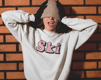 Ski Retro Crewneck Sweatshirt, pink text, ski sweatshirt, skiing gift, apres ski