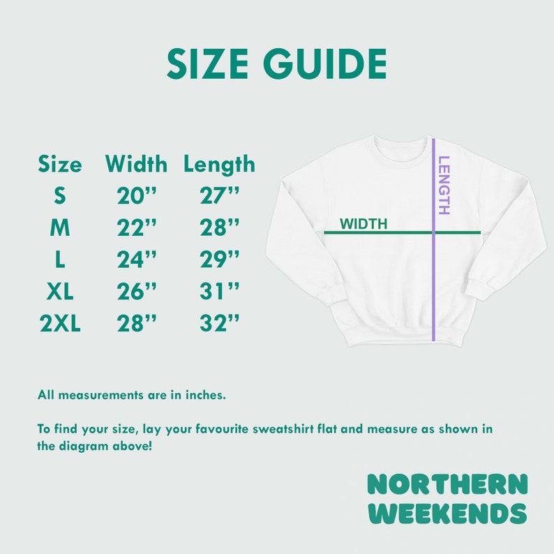 Pode incluir: Guia de tamanhos para uma camisola com medidas em polegadas. O gr&aacute;fico mostra a largura e o comprimento da camisola nos tamanhos S, M, L, XL e 2XL. A imagem mostra uma camisola branca com as palavras "WIDTH" e "LENGTH" escritas nela.