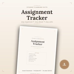以下が含まれることがあります： USレターサイズ21.59x27.94cmの用紙に印刷可能なStudent Planning Suite Assignment Tracker PDFドキュメント。クリーム色の背景にダークブラウンのテキストが配置され、コースキー、課題ログ、学習セッションログなどの内容が記載されています。