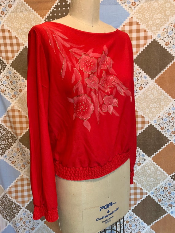 Vintage 60s Red Polyester Crepe Blouse with Gold G