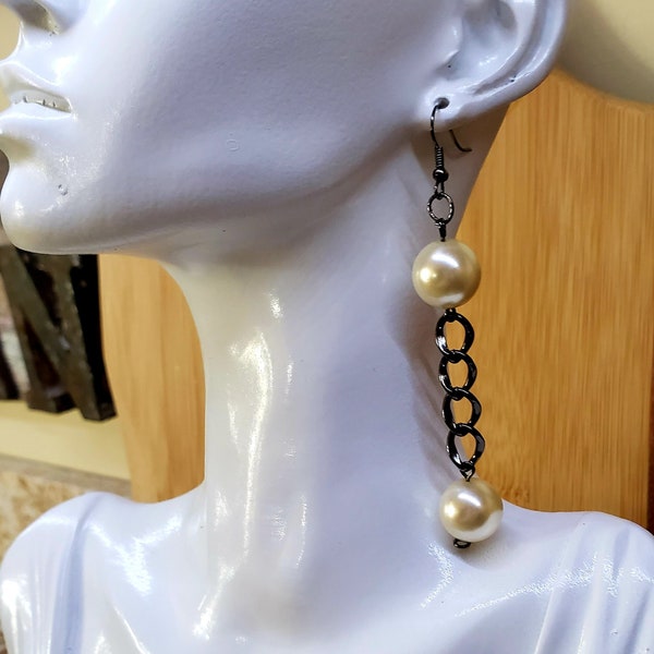 Black Chain and Pearl Earrings