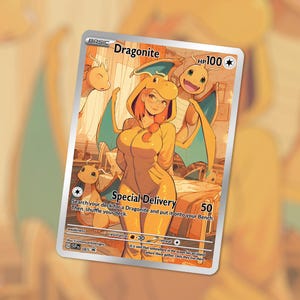 Könnte beinhalten: Eine individuelle Dragonite-Sammelkarte mit silbernem Rand. Die Karte zeigt eine Figur in einem gelben Overall mit roten Haaren und Brille. Der Text "Special Delivery" und "HP100" ist enthalten. Mit Dragonite-Illustration.