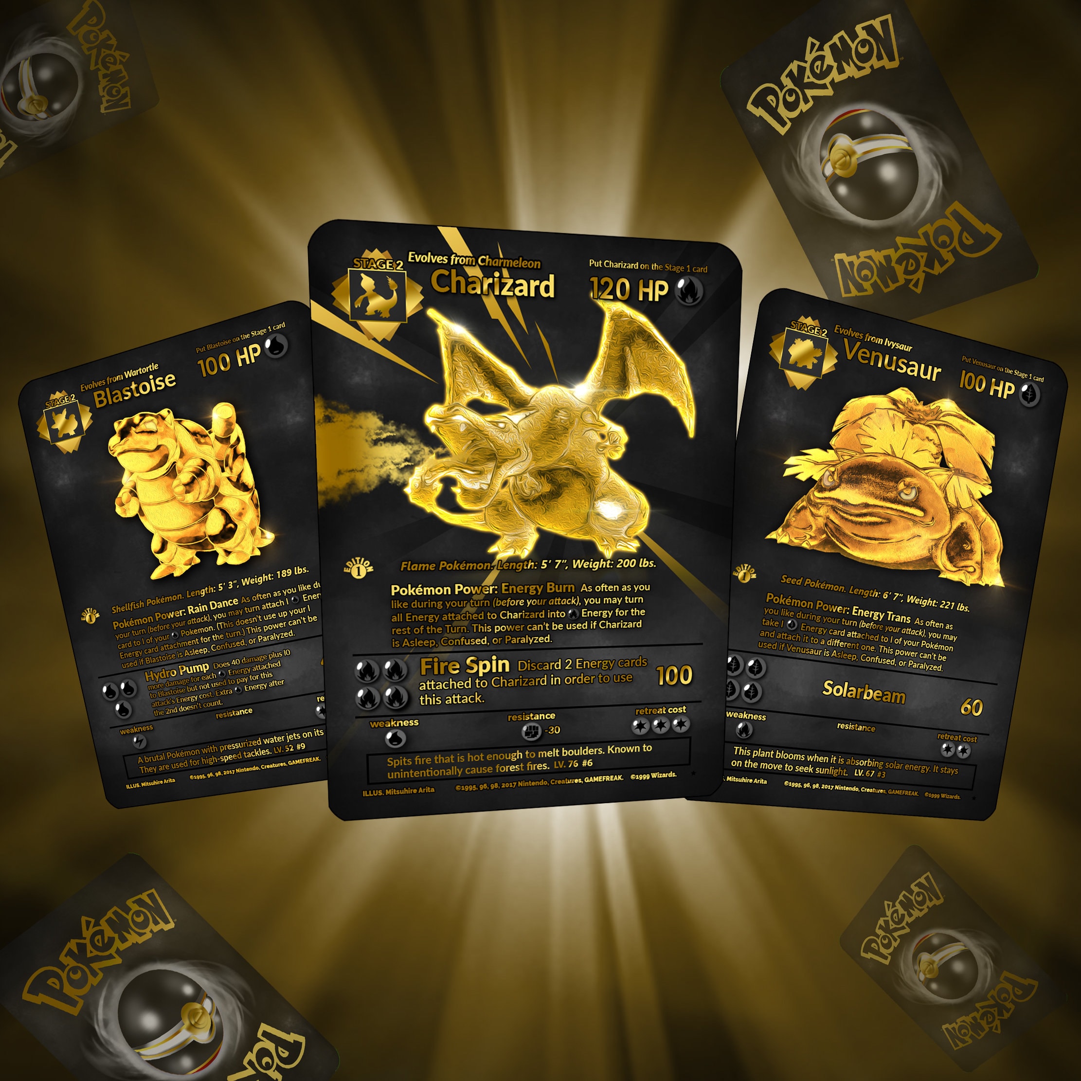 NEW Pokemon Metal Golden Cards Mystical Unown Charizard Blastoise Venusaur  Mewtwo The Eye of Horus Game Collection Cards