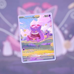 May include: A Pokémon card featuring Gigantamax Gengar, a purple character, set against a colorful landscape. The card includes the text "Snack Time" and other game details. The card has a HP of 180.