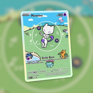 May include: A custom-designed Pokémon trading card featuring Mewtwo. The card has a green background with various Pokémon illustrations. The text includes "Mewtwo", "Strike Back", and other game-related details.