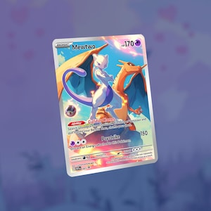 May include: A Pokemon trading card featuring Mewtwo and Charizard. The card has a white border with the text "Mewtwo" and "HP 170". The card's ability is "Call for Clones" and the attack is "Psystrike". The background is a mix of orange and blue.