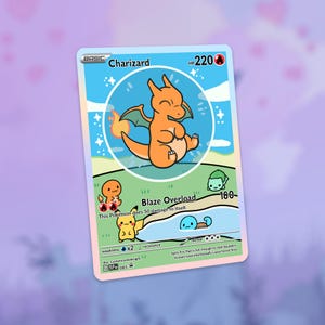 May include: A Charizard Pokémon trading card with a cartoon illustration of an orange dragon. The card features the text "Charizard", "Blaze Overload", and "HP 220". The card has a blue sky background with white clouds.
