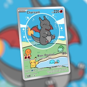 May include: A Charizard Pokémon card with a cartoon illustration of a gray dragon with red wings. The card has a blue background with text that reads "Blaze Overload" and "HP 220".