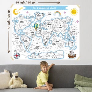 Weltkarte Malseiten Wandkunst, riesiges Farbposter, personalisierte Karte, Geburtstagsbanner, Tierkarte der Welt, extra große Karte für Kinder