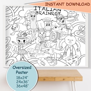 giant coloring sheet italian brainrot, italian meme png, tralalero tralala, tung tung sahur, ballerina cappuccina digital coloring page