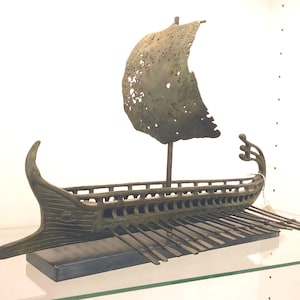 Greek Bronze Trireme  ancient  sailing ship on marble base.