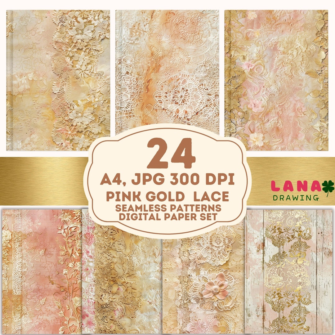 Vintage Pink Gold Floral Lace Digital Papers, Vintage Floral Junk ...