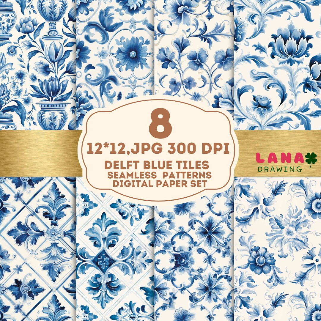 Delft Blue Seamless Pattern, Delft Blue Floral, Vintage Digital Paper ...