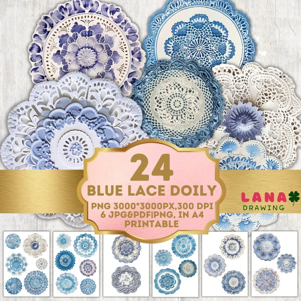 Vintage Blue Lace Floral Doily Junk Journal Kit, Fussy Cut Doily Lace, Tags, Shabby Chic Scrapbook Papers, Printable, Ephemera, Scrapbooking