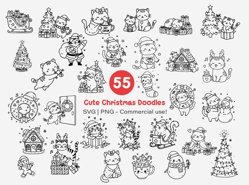 Cute Cat Christmas Doodles SVG PNG Bundle | Holiday Kitten Clipart Set ...
