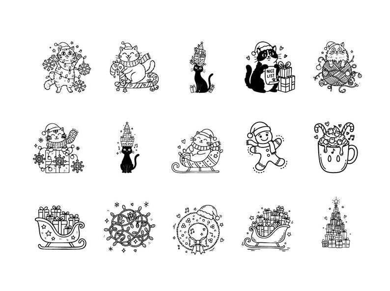 Cute Cat Christmas Doodles SVG PNG Bundle | Holiday Kitten Clipart Set ...