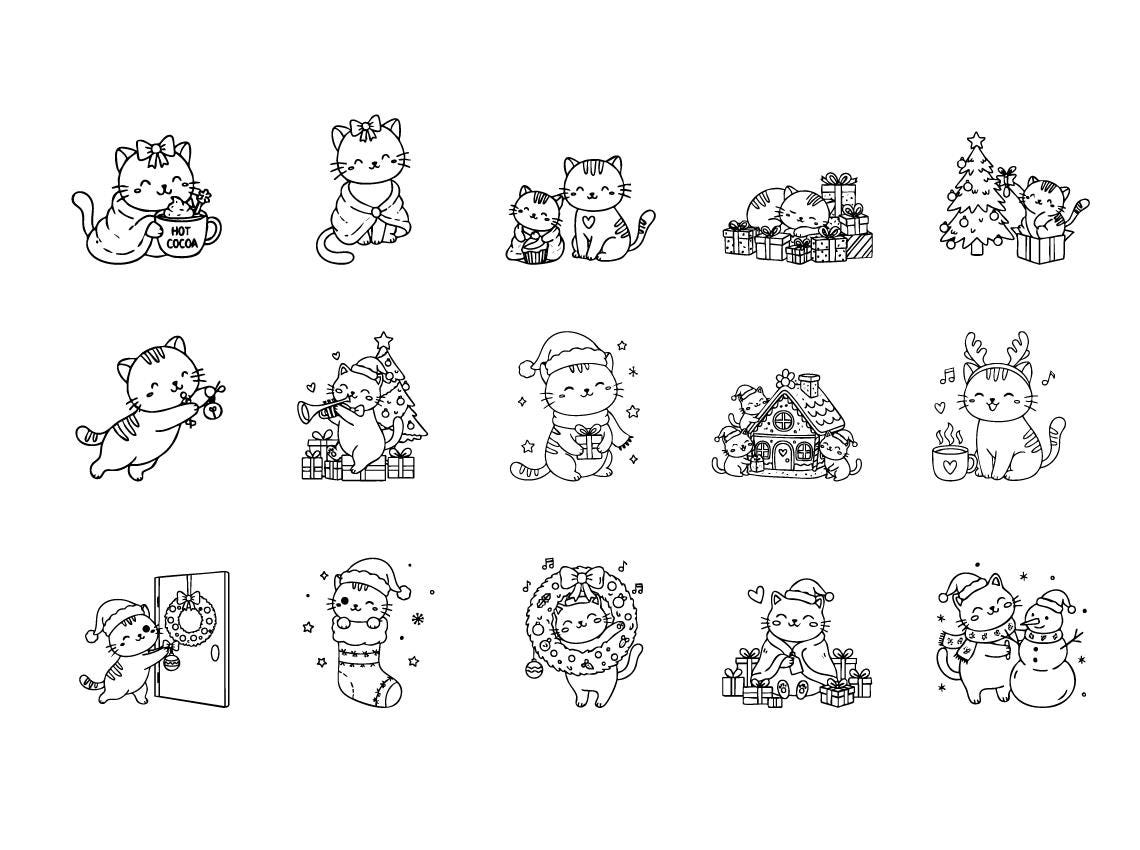 Cute Cat Christmas Doodles SVG PNG Bundle | Holiday Kitten Clipart Set ...