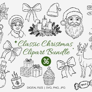 May include: A black and white line art illustration of a Christmas clipart bundle. The image includes Santa Claus, a snowman, a reindeer, bows, gifts, candles, and the text "Classic Christmas Clipart Bundle".