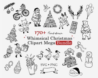 Pacote de imagens SVG natalinas encantadoras, mais de 170 cliparts PNG desenhados à mão, rabiscos de Natal, Papai Noel, animais, uso comercial.