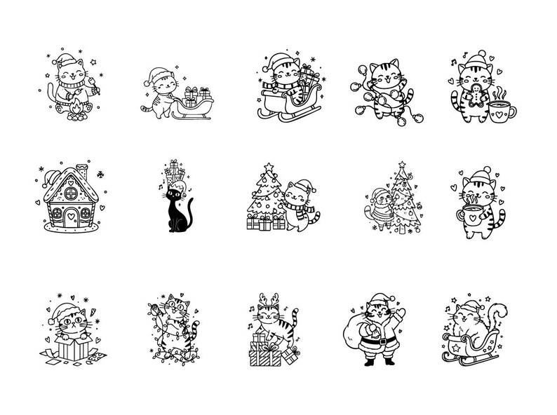Cute Cat Christmas Doodles SVG PNG Bundle | Holiday Kitten Clipart Set ...