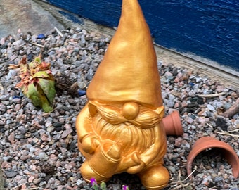 Hand Painted Golden Garden Gnome with Watering Can, Ideal Gift,  Golden Wedding Gift,  Garden Art, Ideal Gift , Housewarming gift,